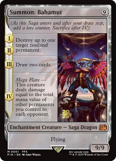 Summon: Bahamut, carta Magic di tipo Enchantment Creature — Saga Dragon illustrata da Arif Wijaya