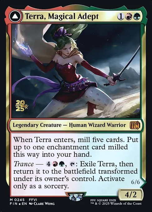 Terra, Magical Adept // Esper Terra, carta Magic di tipo Legendary Creature — Human Wizard Warrior // Legendary Enchantment Creature — Saga Wizard illustrata da Clare Wong