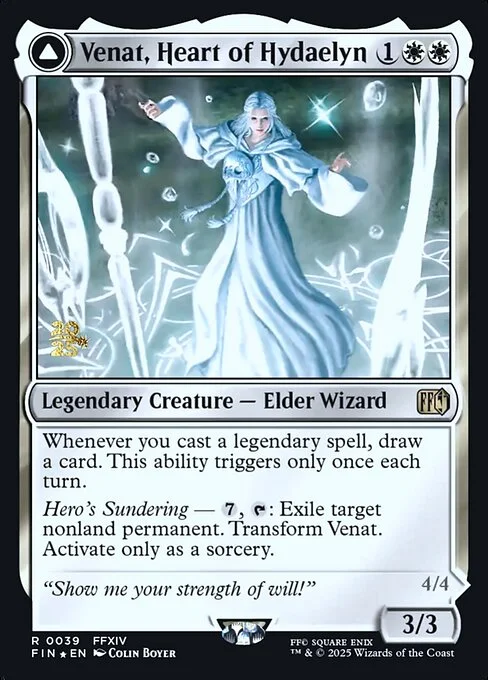 Venat, Heart of Hydaelyn // Hydaelyn, the Mothercrystal, carta Magic di tipo Legendary Creature — Elder Wizard // Legendary Creature — God illustrata da Colin Boyer