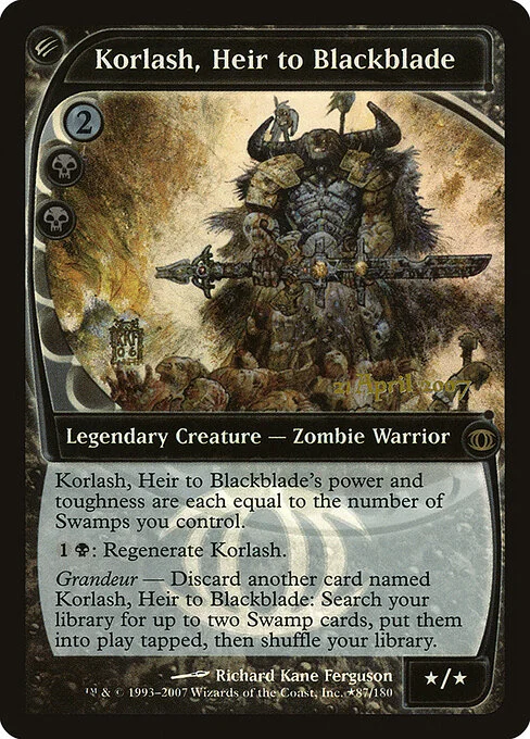 Korlash, Heir to Blackblade, carta Magic di tipo Legendary Creature — Zombie Warrior illustrata da Richard Kane Ferguson