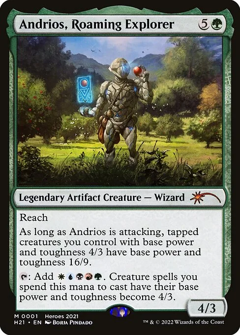 Andrios, Roaming Explorer, carta Magic di tipo Legendary Artifact Creature — Wizard illustrata da Borja Pindado