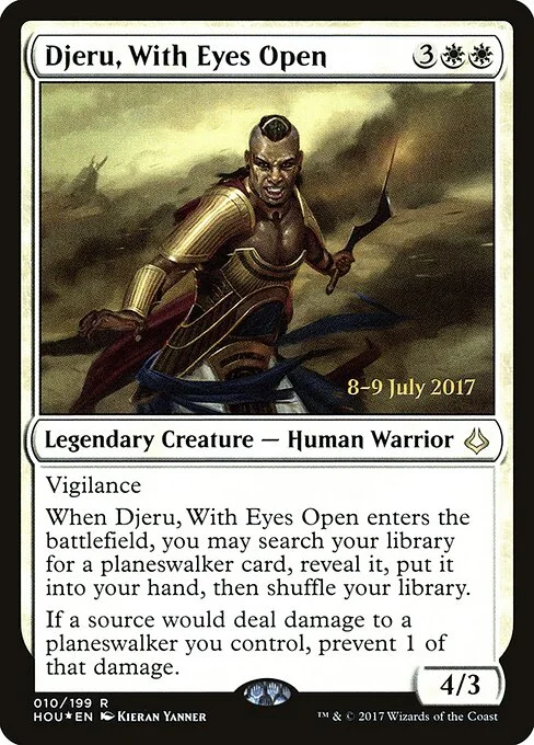 Djeru, With Eyes Open, carta Magic di tipo Legendary Creature — Human Warrior illustrata da Kieran Yanner
