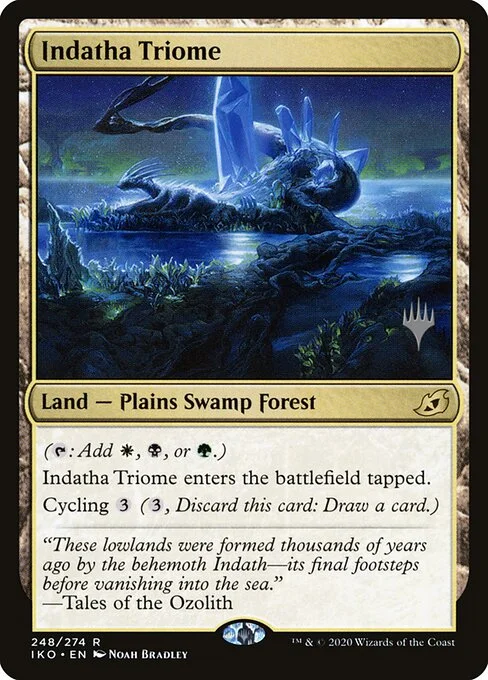 Indatha Triome, carta Magic di tipo Land — Plains Swamp Forest illustrata da Noah Bradley