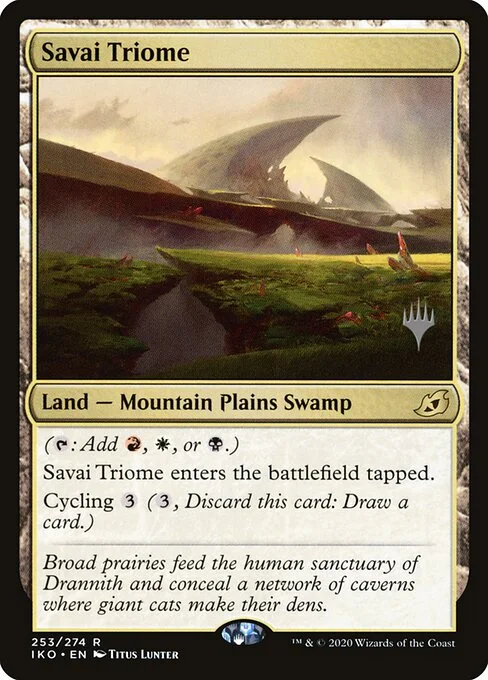 Savai Triome, carta Magic di tipo Land — Mountain Plains Swamp illustrata da Titus Lunter