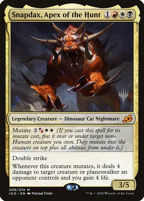 Snapdax, Apex of the Hunt, carta Magic di tipo Legendary Creature — Dinosaur Cat Nightmare illustrata da Viktor Titov
