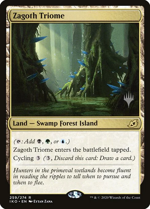 Zagoth Triome, carta Magic di tipo Land — Swamp Forest Island illustrata da Eytan Zana