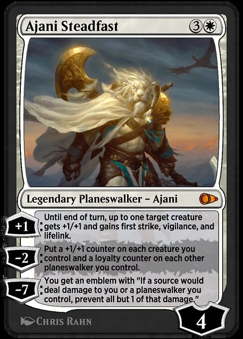 Ajani Steadfast, carta Magic di tipo Legendary Planeswalker — Ajani illustrata da Chris Rahn