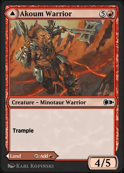 Akoum Warrior // Akoum Teeth, carta Magic di tipo Creature — Minotaur Warrior // Land illustrata da Karl Kopinski