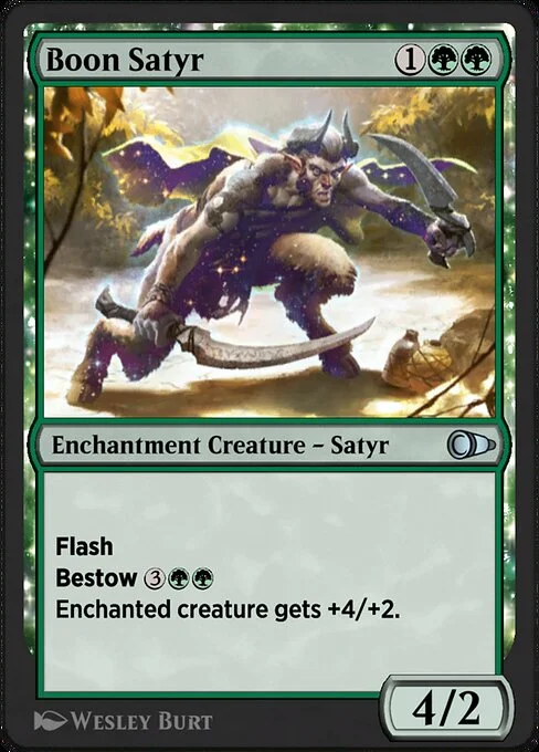 Boon Satyr, carta Magic di tipo Enchantment Creature — Satyr illustrata da Wesley Burt