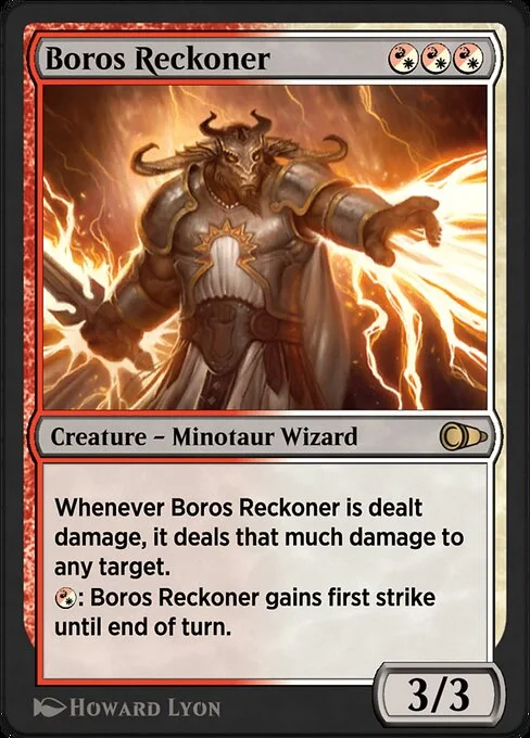 Boros Reckoner, carta Magic di tipo Creature — Minotaur Wizard illustrata da Howard Lyon