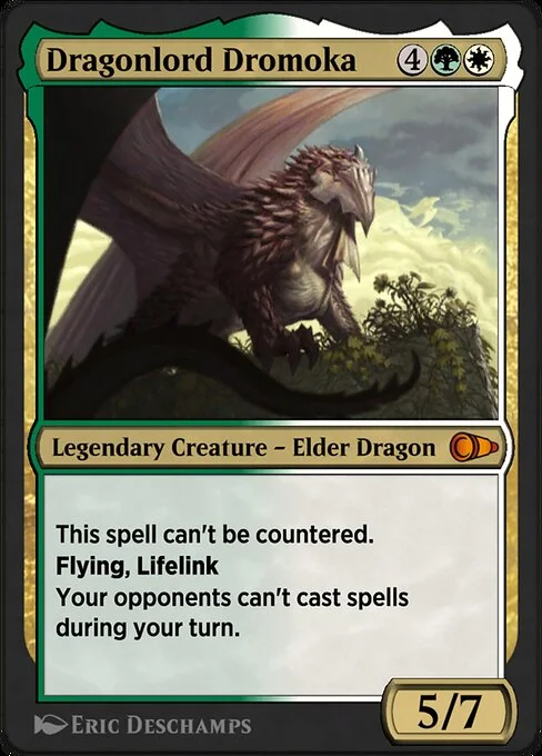 Dragonlord Dromoka, carta Magic di tipo Legendary Creature — Elder Dragon illustrata da Eric Deschamps