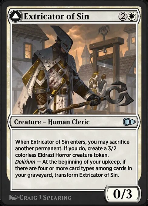 Extricator of Sin // Extricator of Flesh, carta Magic di tipo Creature — Human Cleric // Creature — Eldrazi Horror illustrata da Craig J Spearing