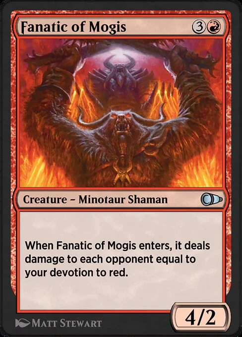 Fanatic of Mogis, carta Magic di tipo Creature — Minotaur Shaman illustrata da Matt Stewart