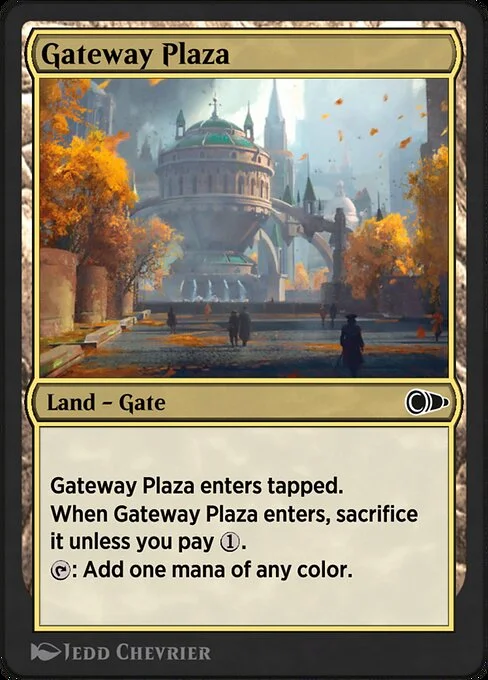 Gateway Plaza, carta Magic di tipo Land — Gate illustrata da Jedd Chevrier