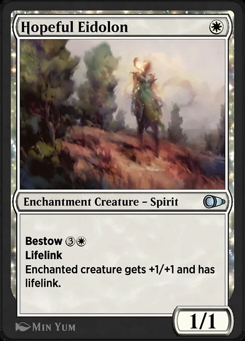 Hopeful Eidolon, carta Magic di tipo Enchantment Creature — Spirit illustrata da Min Yum