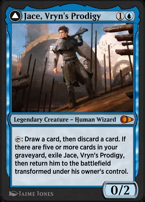 Jace, Vryn's Prodigy // Jace, Telepath Unbound, carta Magic di tipo Legendary Creature — Human Wizard // Legendary Planeswalker — Jace illustrata da Jaime Jones