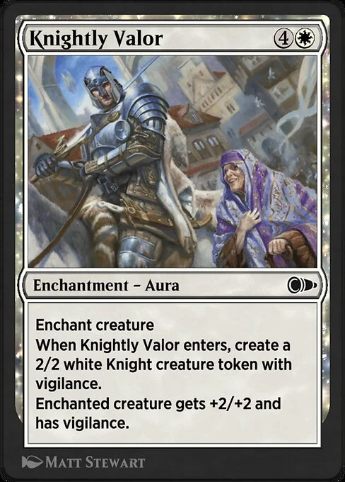 Knightly Valor, carta Magic di tipo Enchantment — Aura illustrata da Matt Stewart