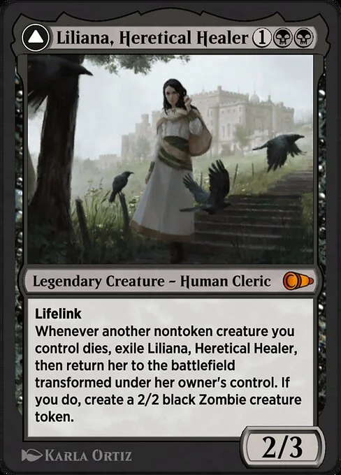 Liliana, Heretical Healer // Liliana, Defiant Necromancer, carta Magic di tipo Legendary Creature — Human Cleric // Legendary Planeswalker — Liliana illustrata da Karla Ortiz
