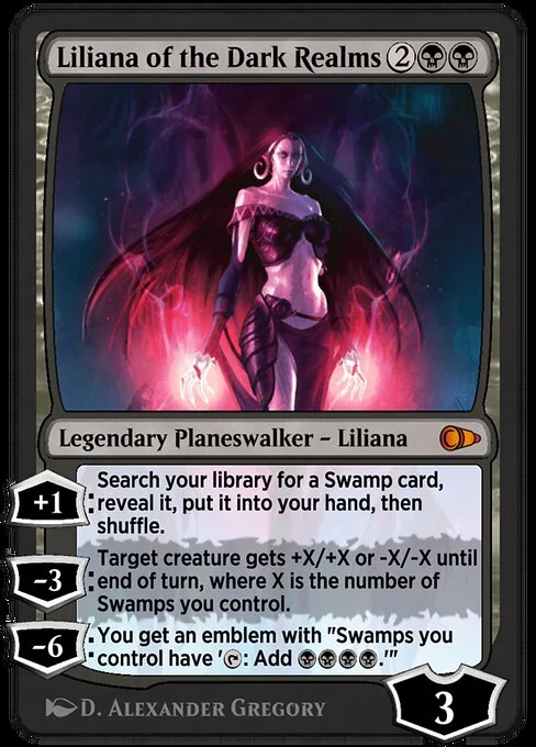 Liliana of the Dark Realms, carta Magic di tipo Legendary Planeswalker — Liliana illustrata da D. Alexander Gregory