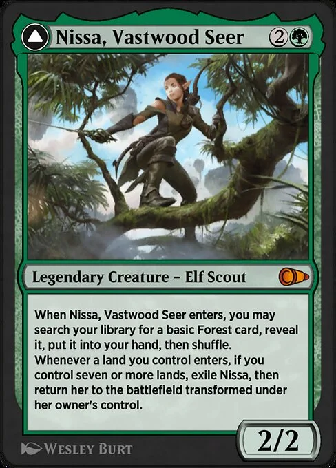 Nissa, Vastwood Seer // Nissa, Sage Animist, carta Magic di tipo Legendary Creature — Elf Scout // Legendary Planeswalker — Nissa illustrata da Wesley Burt