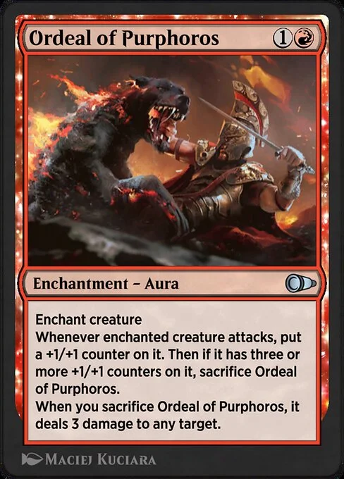 Ordeal of Purphoros, carta Magic di tipo Enchantment — Aura illustrata da Maciej Kuciara