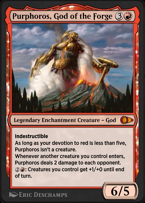 Purphoros, God of the Forge, carta Magic di tipo Legendary Enchantment Creature — God illustrata da Eric Deschamps