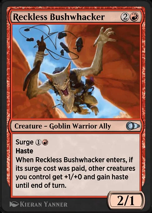 Reckless Bushwhacker, carta Magic di tipo Creature — Goblin Warrior Ally illustrata da Kieran Yanner