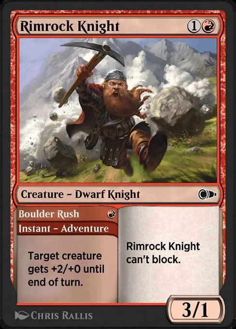 Rimrock Knight // Boulder Rush, carta Magic di tipo Creature — Dwarf Knight // Instant — Adventure illustrata da Chris Rallis