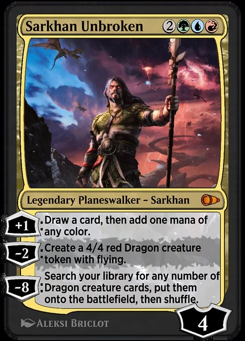 Sarkhan Unbroken, carta Magic di tipo Legendary Planeswalker — Sarkhan illustrata da Aleksi Briclot