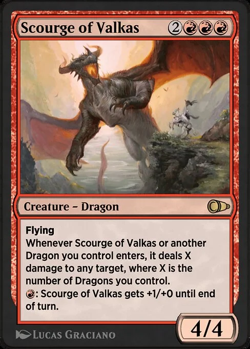 Scourge of Valkas, carta Magic di tipo Creature — Dragon illustrata da Lucas Graciano