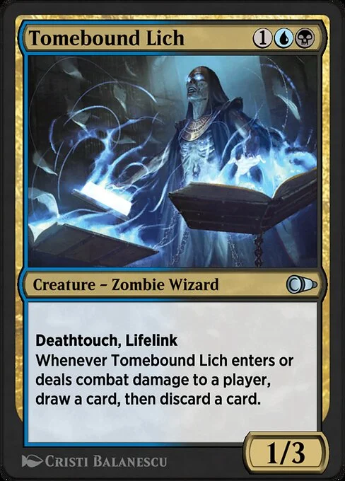 Tomebound Lich, carta Magic di tipo Creature — Zombie Wizard illustrata da Cristi Balanescu