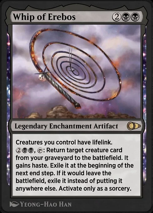 Whip of Erebos, carta Magic di tipo Legendary Enchantment Artifact illustrata da Yeong-Hao Han