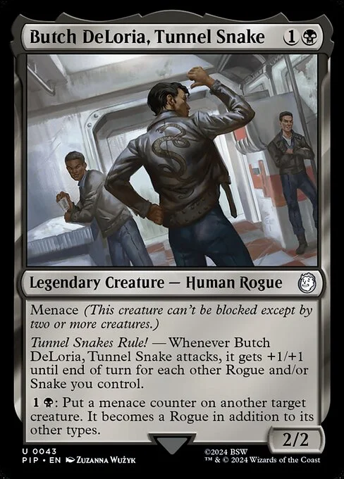 Butch DeLoria, Tunnel Snake, carta Magic di tipo Legendary Creature — Human Rogue illustrata da Zuzanna Wużyk
