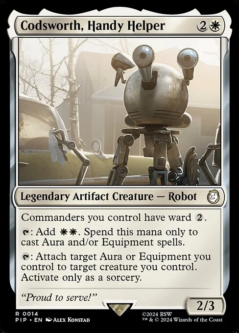 Codsworth, Handy Helper, carta Magic di tipo Legendary Artifact Creature — Robot illustrata da Alex Konstad