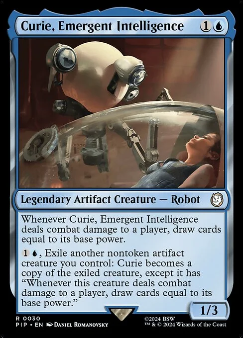 Curie, Emergent Intelligence, carta Magic di tipo Legendary Artifact Creature — Robot illustrata da Daniel Romanovsky