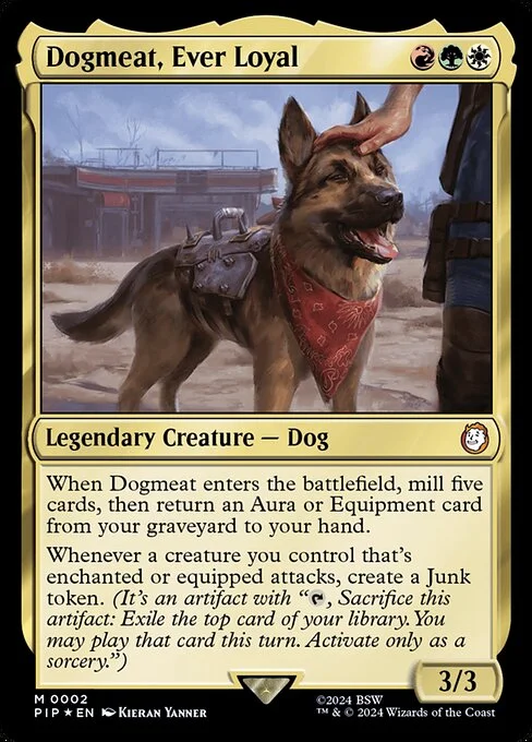 Dogmeat, Ever Loyal, carta Magic di tipo Legendary Creature — Dog illustrata da Kieran Yanner