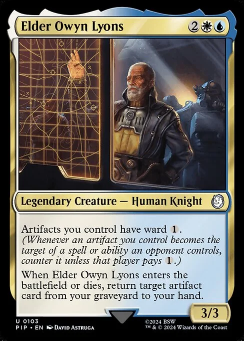 Elder Owyn Lyons, carta Magic di tipo Legendary Creature — Human Knight illustrata da David Astruga