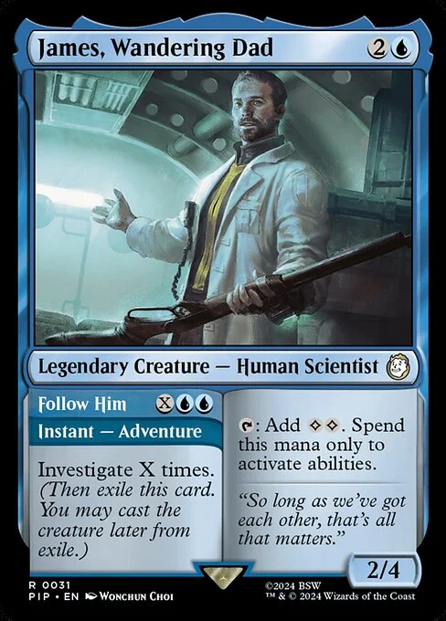 James, Wandering Dad // Follow Him, carta Magic di tipo Legendary Creature — Human Scientist // Instant — Adventure illustrata da Wonchun Choi
