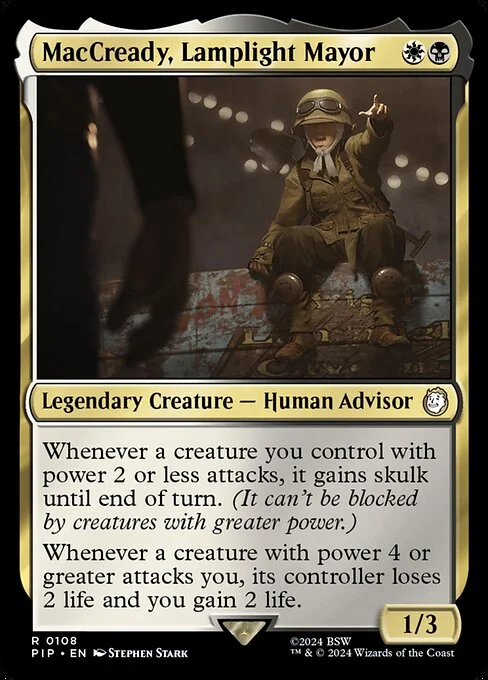 MacCready, Lamplight Mayor, carta Magic di tipo Legendary Creature — Human Advisor illustrata da Stephen Stark