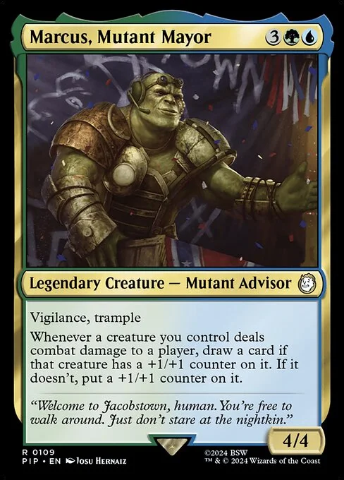 Marcus, Mutant Mayor, carta Magic di tipo Legendary Creature — Mutant Advisor illustrata da Josu Hernaiz
