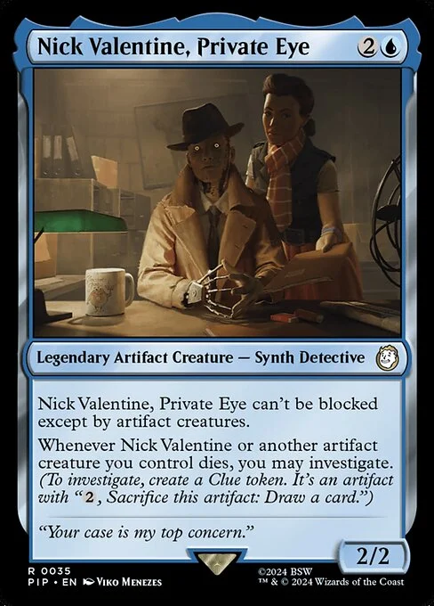Nick Valentine, Private Eye, carta Magic di tipo Legendary Artifact Creature — Synth Detective illustrata da Viko Menezes