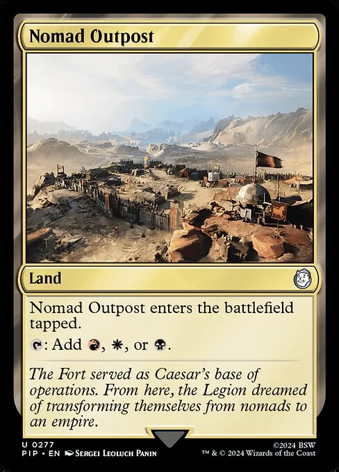 Nomad Outpost, carta Magic di tipo Land illustrata da Sergei Leoluch Panin