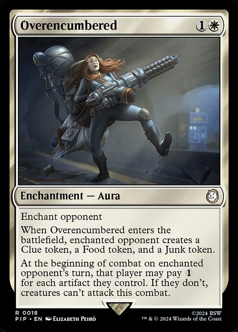 Overencumbered, carta Magic di tipo Enchantment — Aura illustrata da Elizabeth Peiró