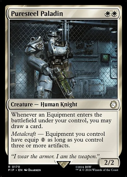 Puresteel Paladin, carta Magic di tipo Creature — Human Knight illustrata da Daarken