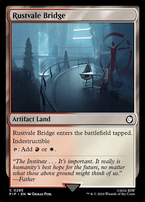 Rustvale Bridge, carta Magic di tipo Artifact Land illustrata da Erikas Perl