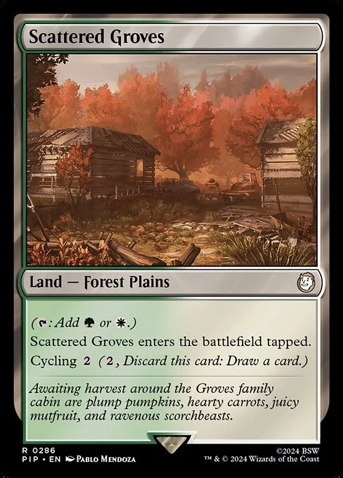 Scattered Groves, carta Magic di tipo Land — Forest Plains illustrata da Pablo Mendoza