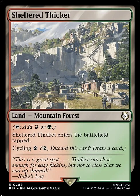 Sheltered Thicket, carta Magic di tipo Land — Mountain Forest illustrata da Constantin Marin