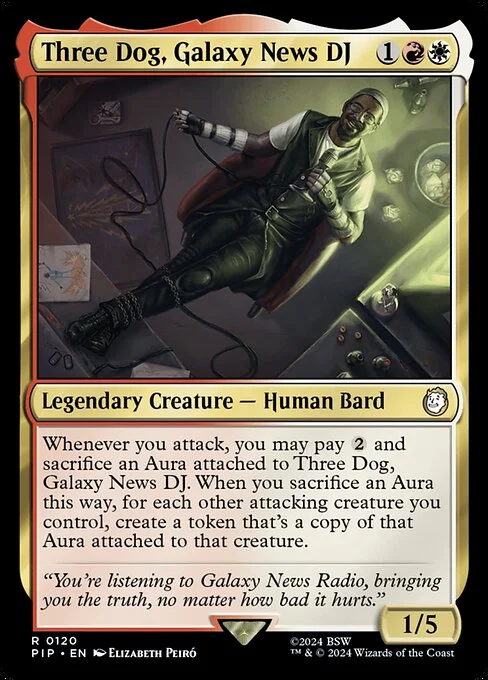 Three Dog, Galaxy News DJ, carta Magic di tipo Legendary Creature — Human Bard illustrata da Elizabeth Peiró