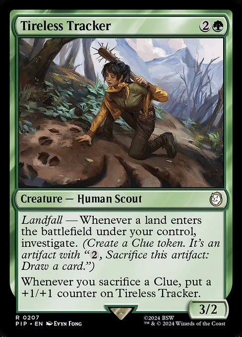 Tireless Tracker, carta Magic di tipo Creature — Human Scout illustrata da Evyn Fong