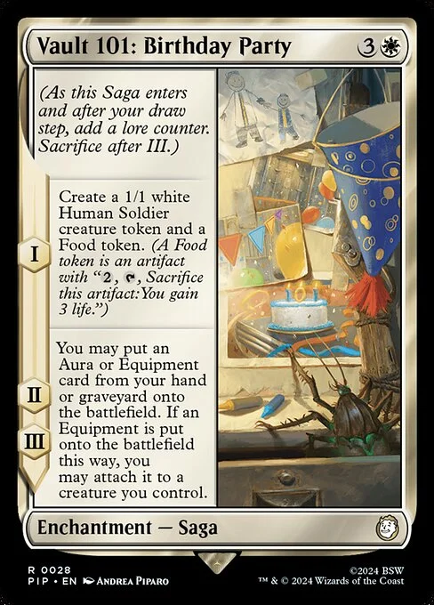 Vault 101: Birthday Party, carta Magic di tipo Enchantment — Saga illustrata da Andrea Piparo